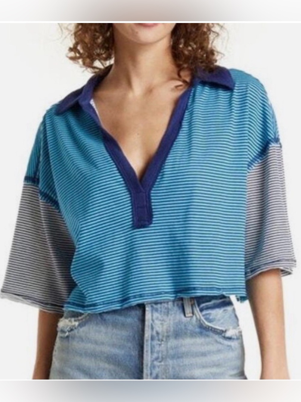 Free People (XL) blue marine stripe boxy crop On A Boat Polo Top collard v-neck